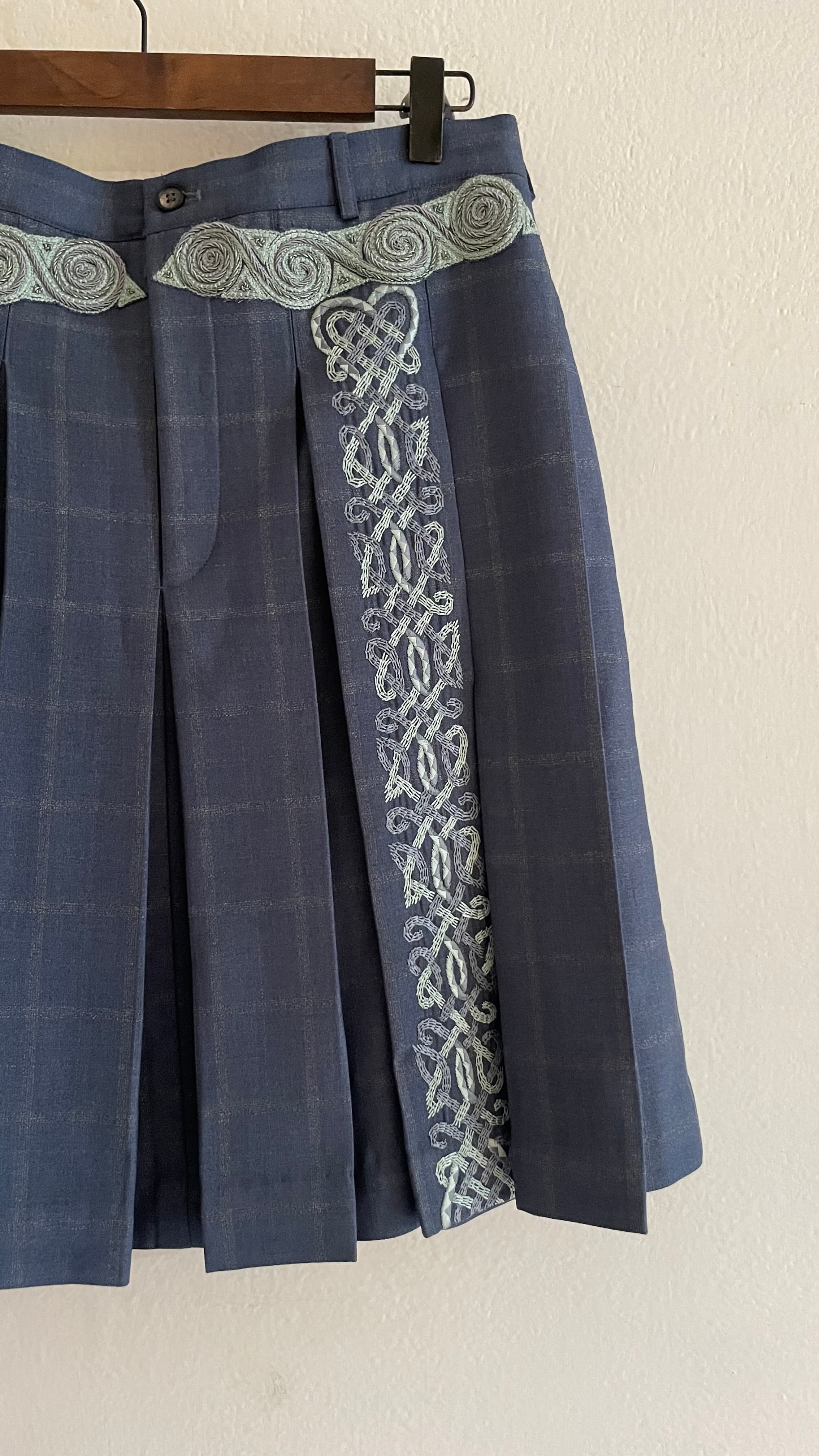 Steel Blue Plaid Embroidered Skirt