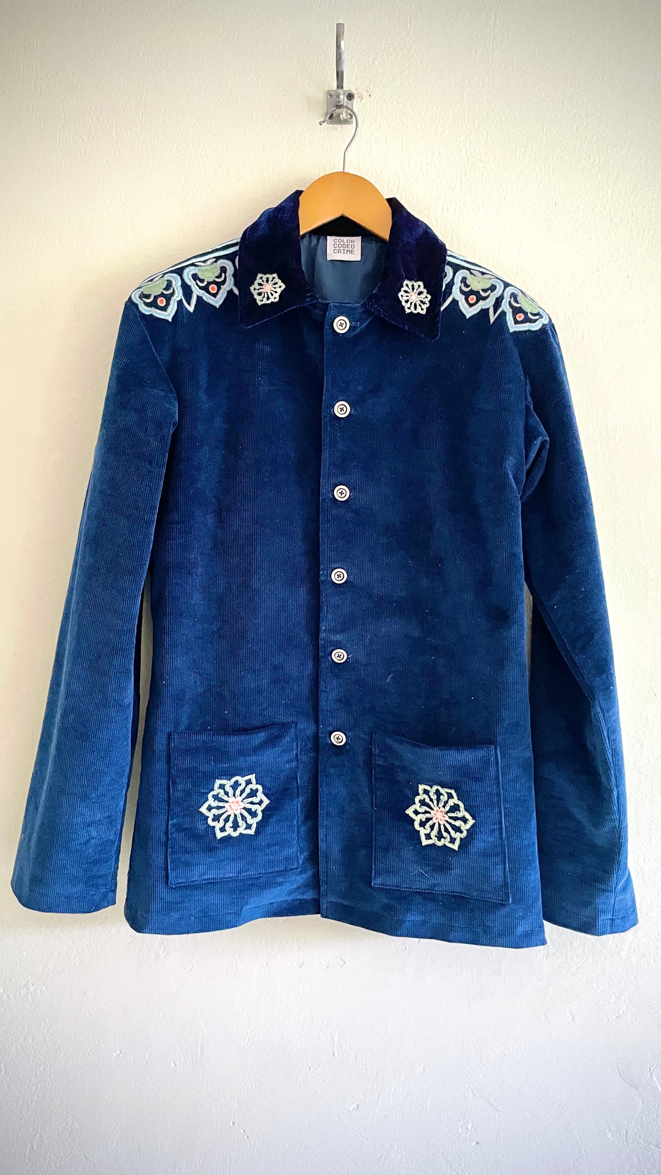Navy Velvet Embroidered Chore Coat
