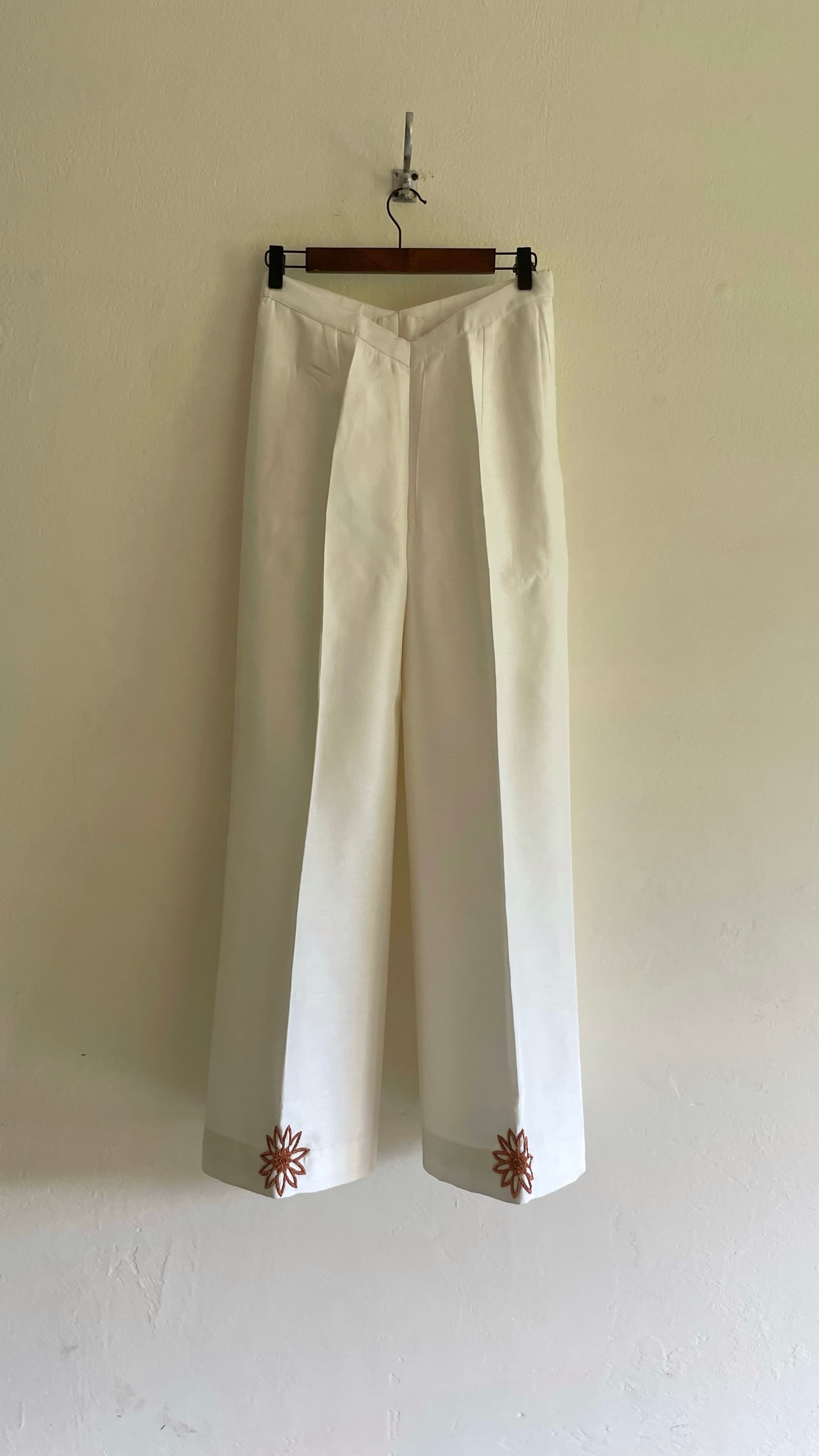 White Wide-Leg Embroidered Trousers