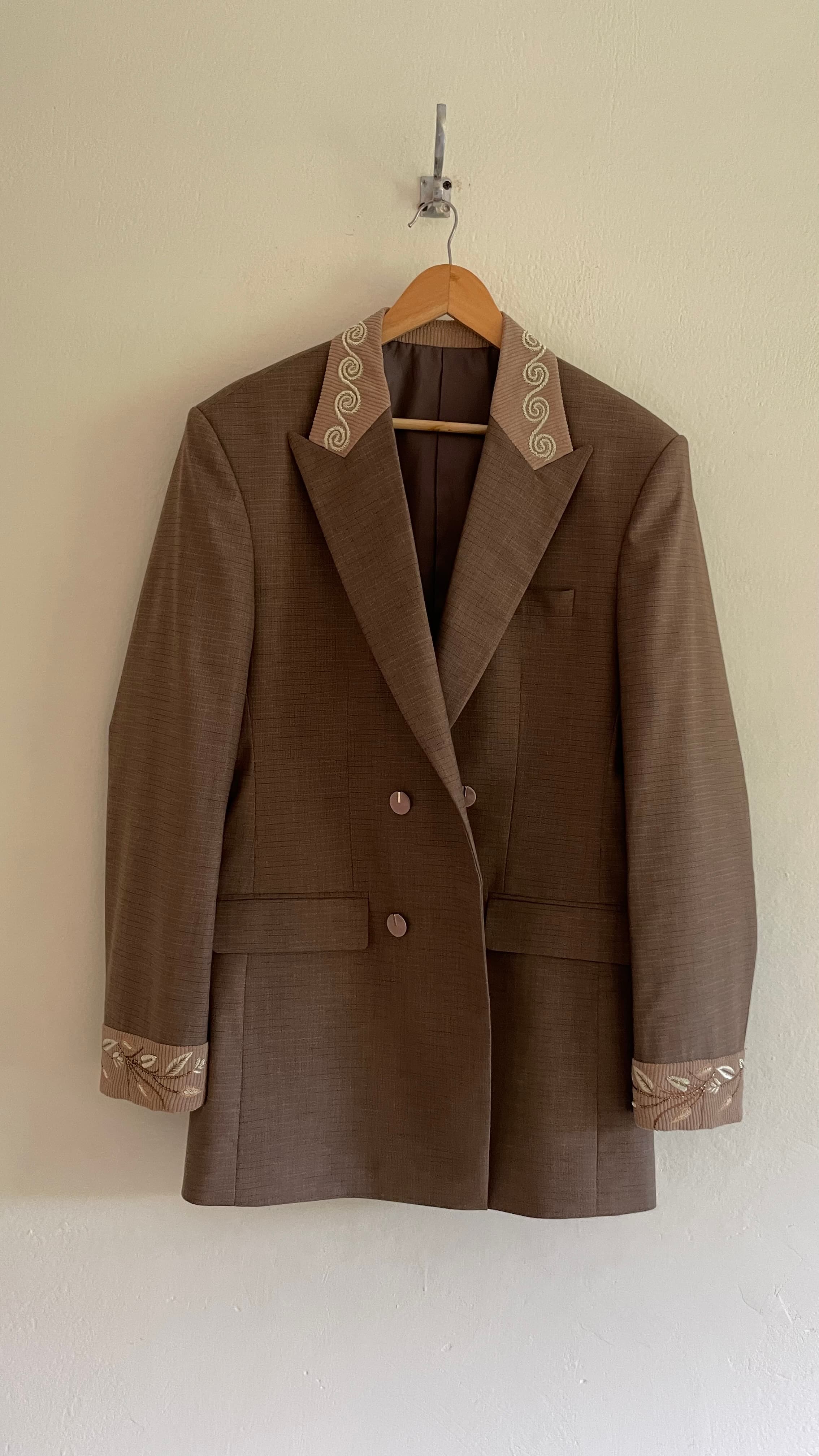 Brown Double-Breasted Embroidered Blazer